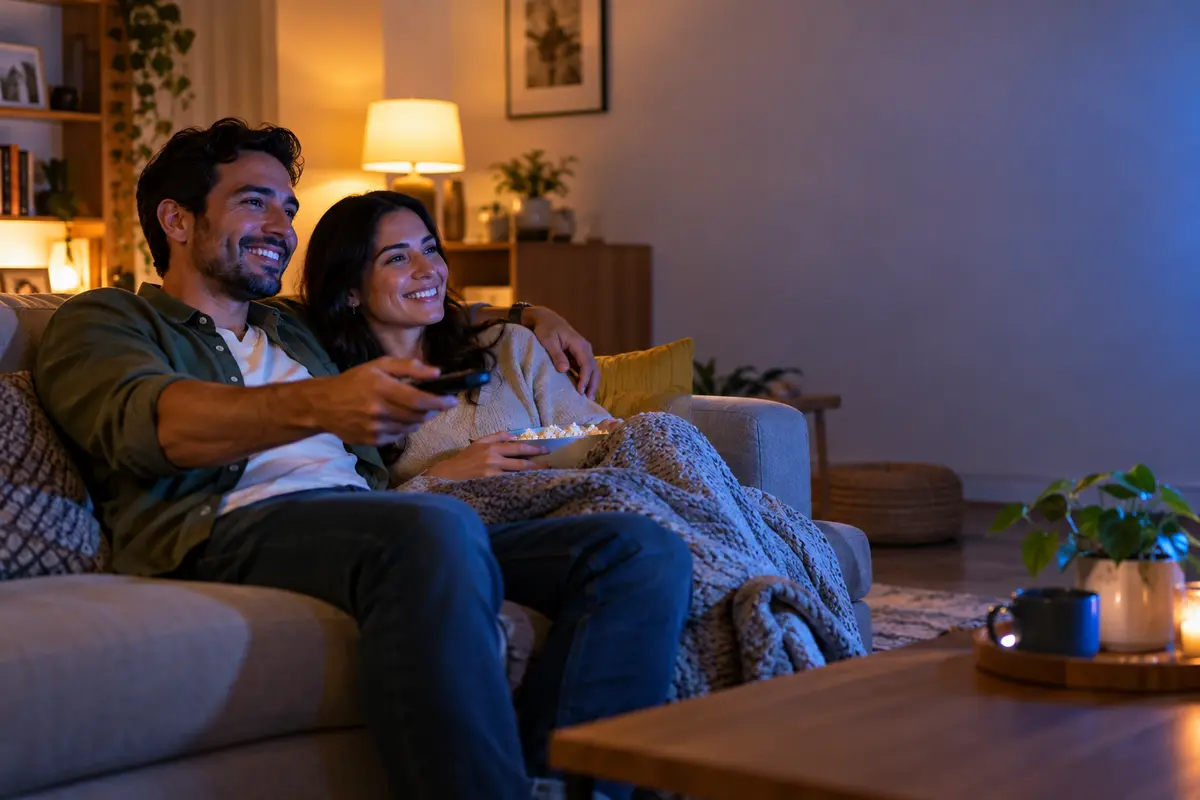 Pareja disfrutando una noche de entretenimiento en casa